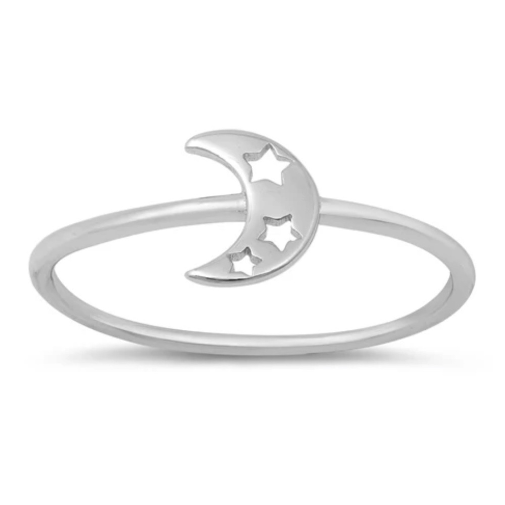 Sterling Silver Moon with Stars Ring – Size 9 – 8 mm Face Height